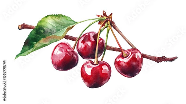 Obraz A Watercolor Painting Of A Branch With Four Red Cherries And A Green Leaf The Cherries Are Glossy And Juicy While The Leaf Is Green And Vibrant The Branch Is Brown And Slender