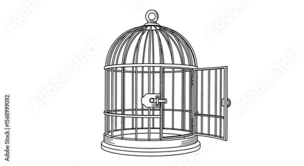 Fototapeta Birdcage Opens, Suggesting Freedom, in a Simple Drawing with White Background, symbolizing confinement, escape, and minimalistic design.