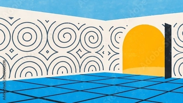 Obraz Illustration of a room with patterned walls blue tiled floor and an arched yellow doorway in the corner