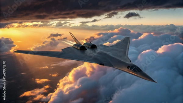 Fototapeta Soaring Innovation: A futuristic aircraft cuts through a dramatic sky filled with clouds and the warm embrace of the setting sun, embodying progress and modern aviation