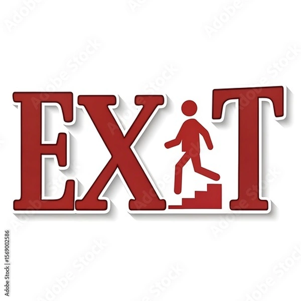 Obraz Emergency Exit Red Sign with Silhouette Person Walking Down Stairs on Clean White Background