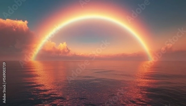 Fototapeta Golden Rainbow over Calm Ocean at Sunset