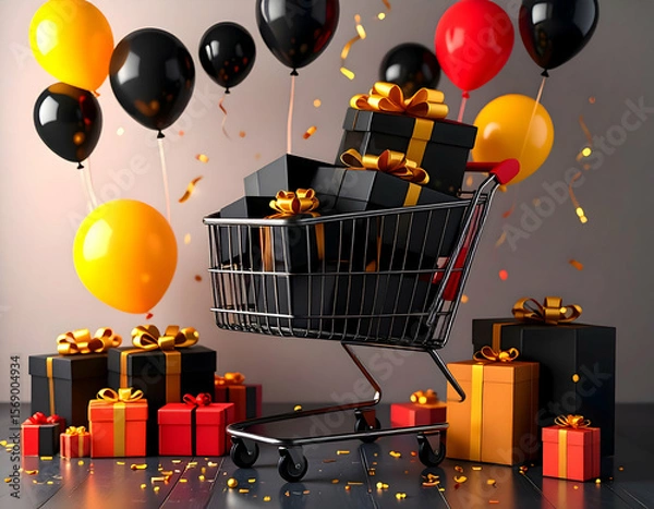 Fototapeta A shopping cart overflowing with gifts amidst floating balloons a celebration of festive shopping in