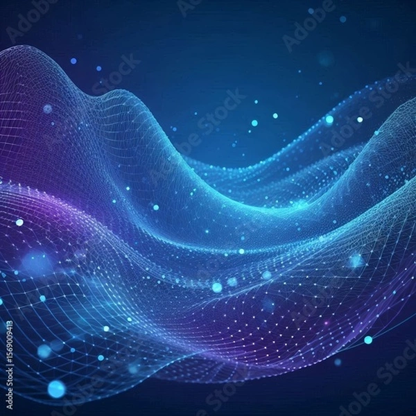 Fototapeta Captivating abstract blue digital artwork featuring interconnected nodes, vibrant colors, and dynamic waves, symbolizing data networks and futuristic technology concepts. AI generated.
