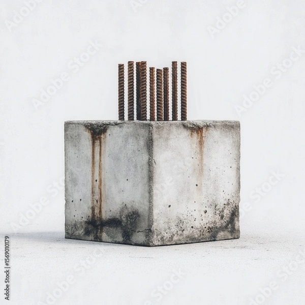 Fototapeta Rusty steel rebar reinforcing weathered concrete cube isolated on bright white background