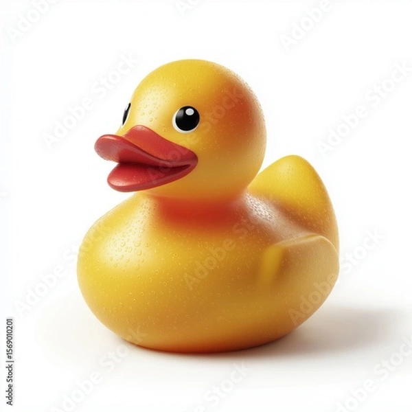 Fototapeta Wet yellow rubber duck with water droplets on pristine white background