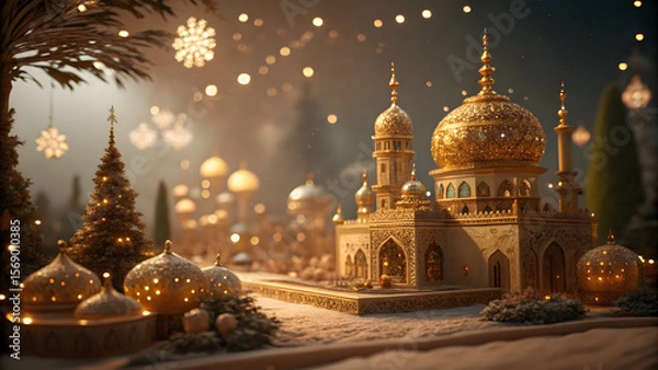 Fototapeta Golden Mosque in Festivity: A magnificent golden mosque shimmers in the soft glow of festive lights, evoking a sense of reverence and cultural richness during a celebration.