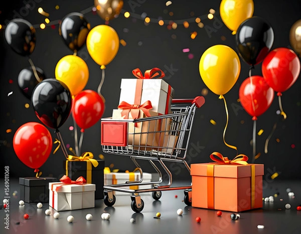 Fototapeta A shopping cart brimming with birthday gifts and joyful balloons ready for a celebration against a