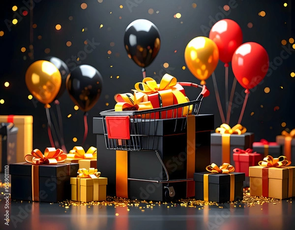 Fototapeta A shopping cart brimming with gifts celebrating Black Friday with festive balloons and soft bokeh