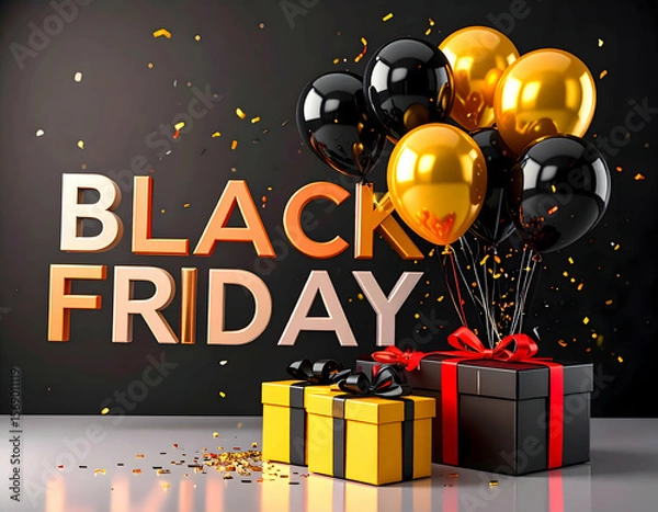 Fototapeta A Black Friday celebration with gold and black balloons next to colorful gifts presented against