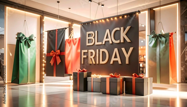 Fototapeta Anticipation for Black Friday with decorative presents and bags under soft indoor light neutral
