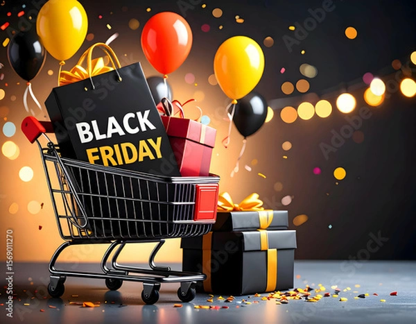 Fototapeta Black Friday excitement Shopping cart overflowing with gifts deals under festive lights glossy