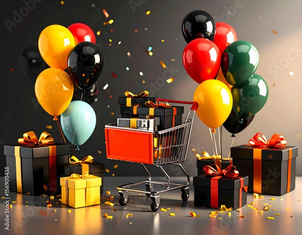 Fototapeta Celebrating big moments with gifts in a shopping cart confetti falling in a studio vibrant colors