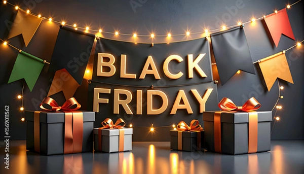 Fototapeta Elegantly wrapped gifts herald the grand Black Friday sales event shining under warm and inviting