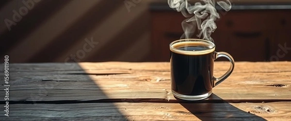 Obraz Steaming mug of dark coffee on a rustic wooden table, sunlight streams in, brown, dark