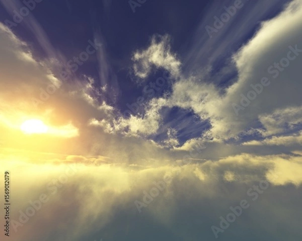 Fototapeta Flight among the clouds, Stormy sky, sunrise or sunset among fabulous clouds, panorama of clouds, 3D rendering