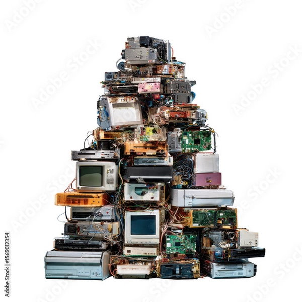 Fototapeta A large pile of old computer hardware and electronics stacked high isolated on transparent background