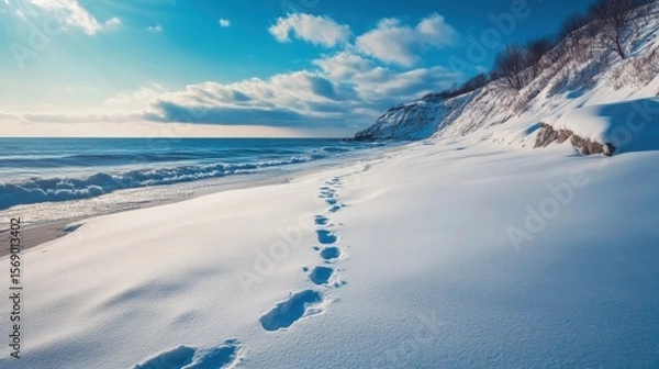 Fototapeta Footprints in the snow on a winter beach.