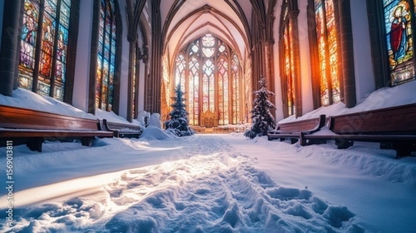 Fototapeta Snowy interior of a cathedral with stained glass windows.