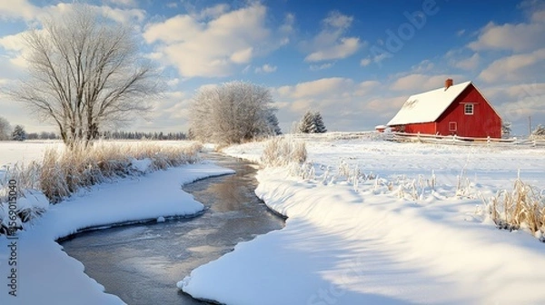 Fototapeta A winter landscape with a red barn and a winding stream.