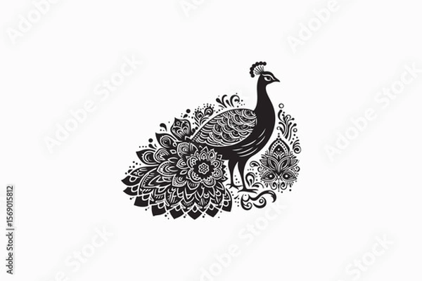 Fototapeta Indian Peafowl bird vector silhouettes black and white image made by adobe illustrator. eps