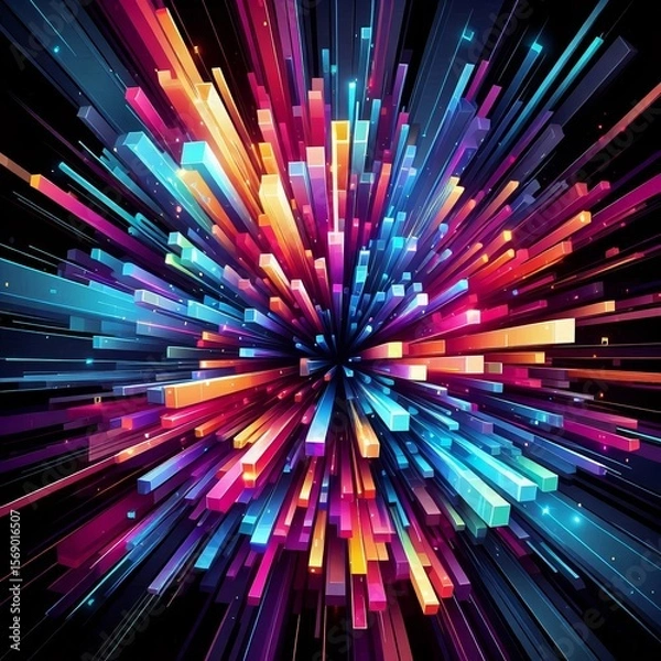 Fototapeta Vibrant, dynamic abstract digital artwork featuring colorful rectangular blocks radiating outward, creating a sense of energy and movement. AI generated.
