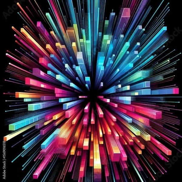 Fototapeta Vibrant, dynamic abstract digital artwork featuring colorful rectangular blocks radiating outward, creating a sense of energy and movement. AI generated.
