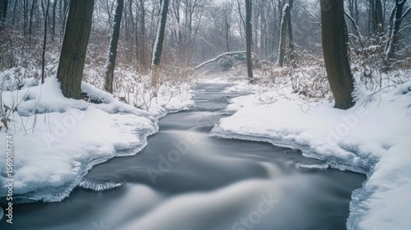 Fototapeta A winter creek flows through a snowy forest.