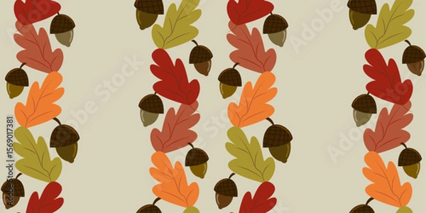 Fototapeta Seamless vector border pattern of autumn oak leaves and acorns in vertical stripes on a light beige background. Ideal for fall crafts, digital trim, and seasonal decor.