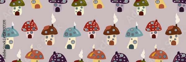 Fototapeta Seamless vector pattern of whimsical mushroom houses on a light lavender background. Ideal for charming nursery decor, fairy tale designs, and children's textiles.