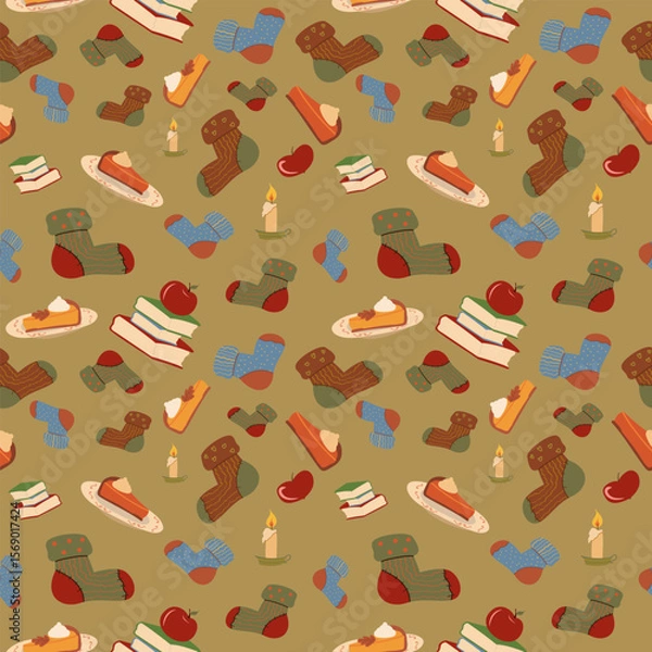Fototapeta Seamless vector pattern of cozy autumn elements: socks, pumpkin pie, apples, books, and candles on an olive green background. Ideal for fall home decor, seasonal fabric.