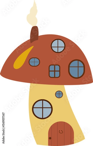 Fototapeta Cute mushroom house vector illustration with a brown cap and yellow accent. Great for children’s books, fantasy themes, fairy tales, posters, and creative projects.