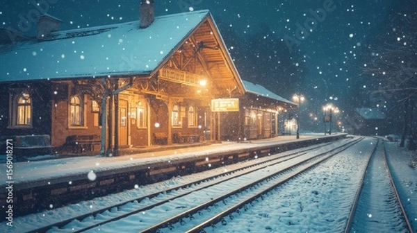 Fototapeta A snowy train station at night under snowfall.