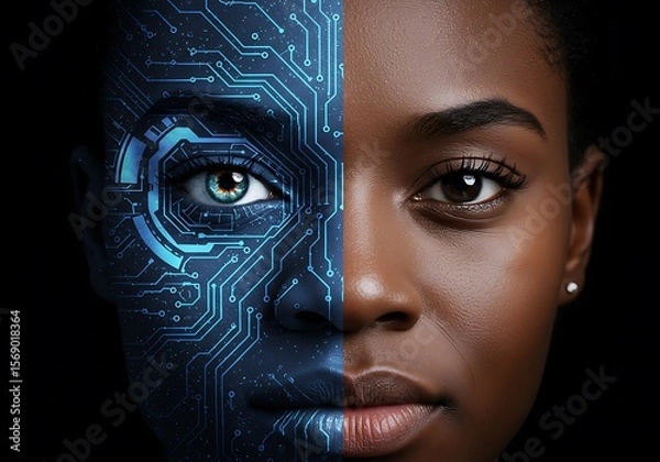 Obraz Future-focused imagery of a woman's face, blending natural features with intricate digital circuits.

