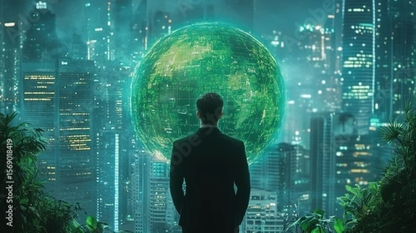 Obraz A corporate CEO announcing a futuristic green initiative at a conference 