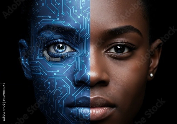 Obraz A compelling representation of AI integration, with a human face transformed by blue cybernetics.

