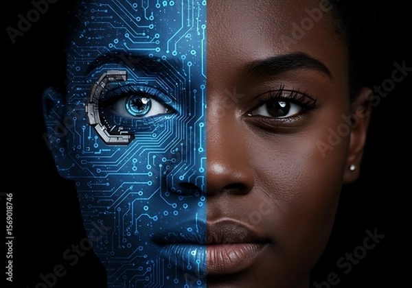 Obraz An intriguing female portrait showcasing the sharp contrast between humanity and advanced robotics.


