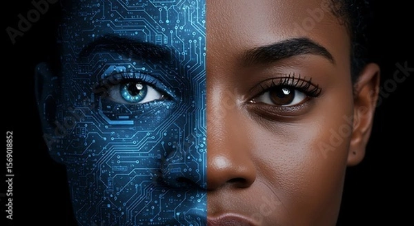 Obraz Dramatic depiction of transhumanism: a human face seamlessly merging with blue digital patterns.

