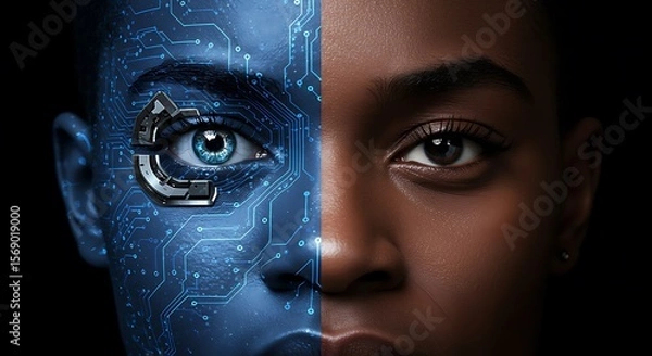 Obraz Conceptual portrayal of artificial intelligence through a human-machine split face and glowing eye.

