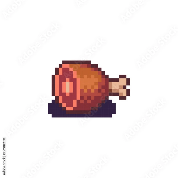 Fototapeta Pixel art of a juicy roasted meat leg or chicken drumstick, food item for retro-style games, inventory icons, or health pickups.