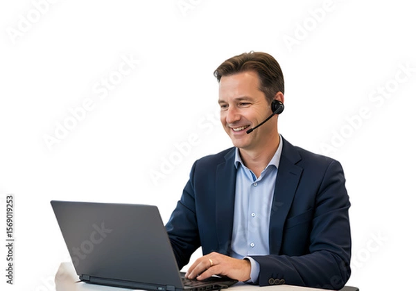 Fototapeta Smiling Customer Service Representative Using Laptop isolated on transparent background