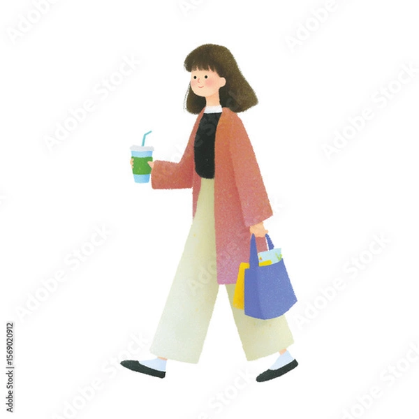 Fototapeta Daily Walk and Delight: An illustration of a casually dressed woman, enjoying a refreshing beverage while carrying shopping bags, symbolizing a relaxed day and cheerful lifestyle.