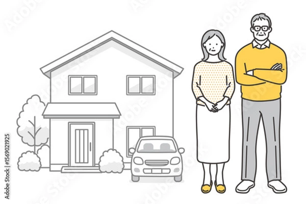 Fototapeta 一軒家と車とシニア夫婦のベクターイラスト素材