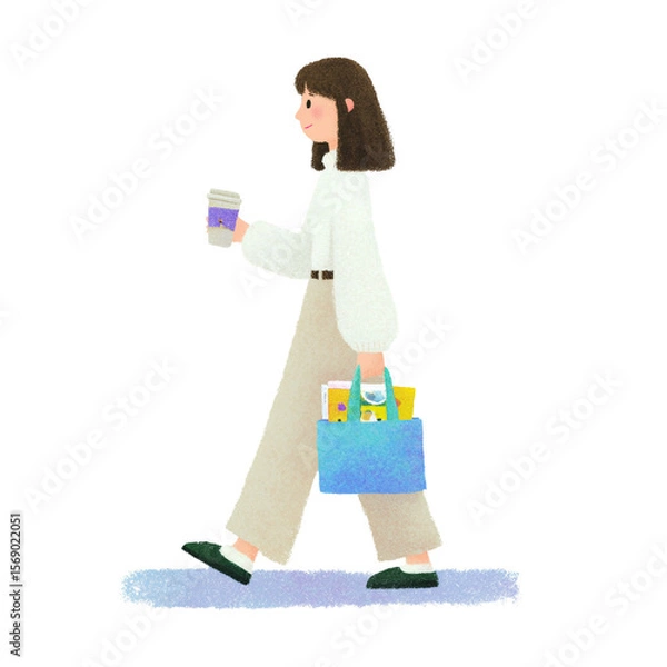 Fototapeta Morning Commute: A cartoon illustration of a woman beginning her day, carrying a coffee cup and a bag full of items, all while walking down a path.