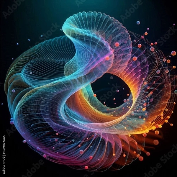 Fototapeta Abstract digital artwork featuring intricate, colorful wireframe structures with spheres, symbolizing complex data networks and futuristic technology concepts. AI generated.
