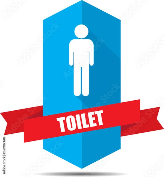 Fototapeta A Man Toilet Sign On Blue Shield With Red Ribbon Label, Sticker, Tag, Sign And Icon Banner Business Concept, Design Modern.


