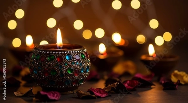 Obraz A traditional Indian lamp, resplendent with color, shines warmly against a backdrop of festive lights.

