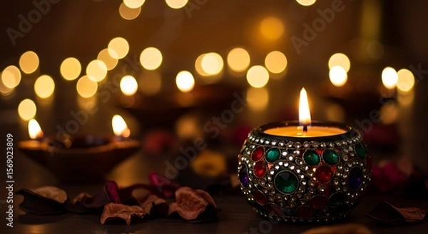 Obraz Highlighting tradition, a glowing Diwali diya in the foreground with a rich tapestry of festive lights.

