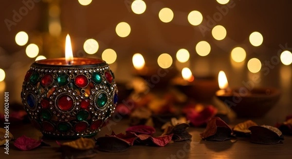 Fototapeta Celebrating Diwali with a brightly lit, colorful diya, surrounded by magical background bokeh.

