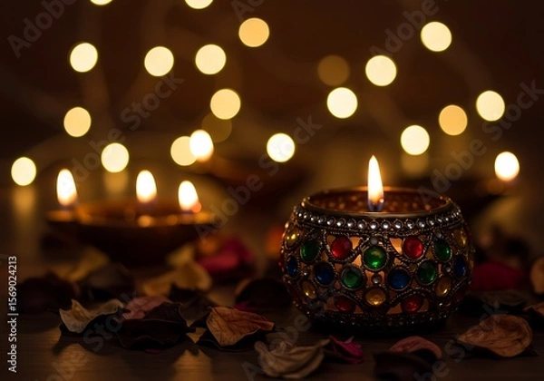 Obraz A ceremonial lamp with an ornate finish, symbolizing hope and light amidst a festive glow.

